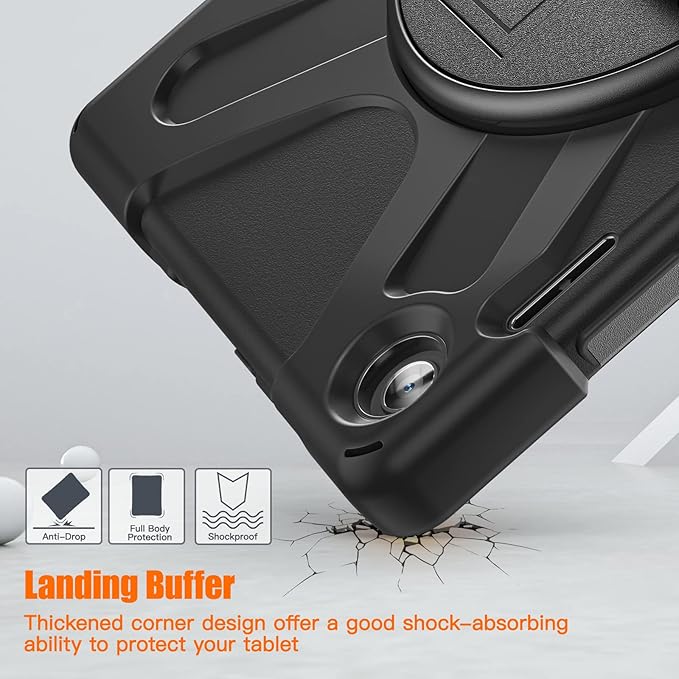 Junfire Shockproof Case for Lenovo Tab M10 3rd Gen 10.1 inch 2022, Heavy Duty Rugged Case with Hand Strap/360°Rotating Kickstand/Shoulder Belt for TB-326FU/TB-328XU,Black