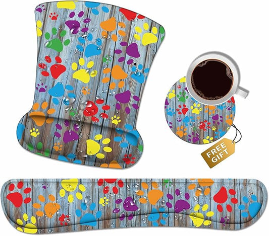 Ergonomic Mouse Pad Wrist Support and Keyboard Wrist Rest Set with Coasters, Non-Slip PU Base, Easy Typing & Relieve Wrist Pain for Home Office Working Studying, Rustic Wooden Board Colorful Paw Print
