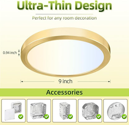 hykolity 2 Pack 9 Inch Selectable CCT LED Round Flat Panel Light, 18W 1800LM 3000K/4000K/5000K, Edge-Lit Flush Mount Ceiling Light Fixture for Kitchen, Bedroom, Laundry and Closet Room，Gold