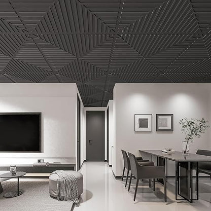Art3d 12-Pack Drop Ceiling Tiles 2x2 FT, PVC 3D Textured Panels for Interior Wall Decor Living Room Bedroom Office, 24x24 Inch, Black