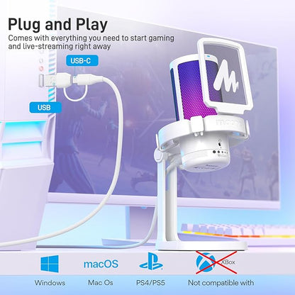 MAONO Gaming Microphone for PC with Noise Cancellation, USB Condenser Mic for Computer, Mac, Laptop, PS5, Streaming, Podcast, Twitch, YouTube, Discord, GamerWave DGM20 White
