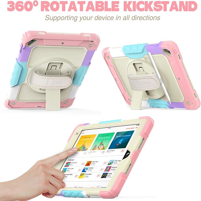 SEYMAC stock Case for iPad 6th / 5th Generation Case/Air 2 / Pro 9.7 inch, Heavy Duty Protective with Screen Protector, with Pencil Holder, Hand Strap, Shoulder Strap, 360 Rotate Stand,Yellowish+Pink