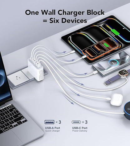 USB C Wall Charger, 100W 6-Port PD Fast USB C Charging Block,3USB C+3USB A Charging Station Hub Block Power Strip Adapter Plug Type C Cube Brick for iPhone 17/16/15/14/13/Pro Max,iPad,Samsung,Tablet