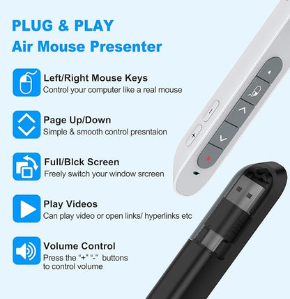 DINOSTRIKE White Presentation Clicker with Air Mouse Control, USB Type C Wireless Presenter Remote Clicker for Powerpoints Slide RF 2.4GZ Slide Advancer for Computer Laptop Mac