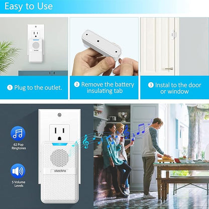 Door Chime, Wireless 600Ft Range 5 Levels Adjustable Volume Magnetic Door Open Contact Sensor with 62 Chimes Mute Mode Door Bell Plugin Receiver for Home/Office/Store White (1 Receiver + 2 Sensors)