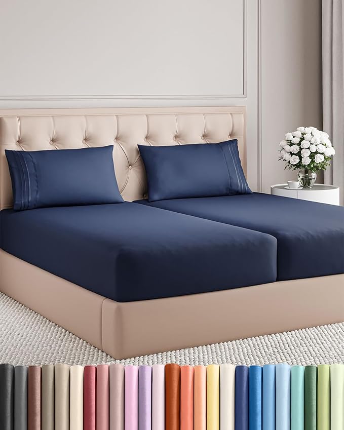 Split King Size 5 Piece Sheet Set - Comfy Breathable & Cooling Bed Sheets Set - Hotel Luxury Bedding for Women, Men, Kids, Teens, Boys & Girls - Deep Pockets, Soft, Wrinkle Free - Oeko-Tex - Navy Blue