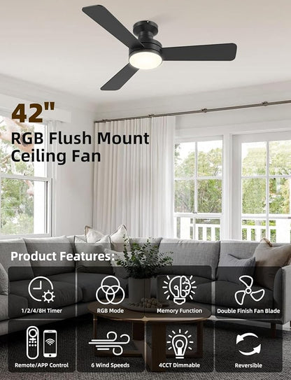 Homlit 42" RGB Ceiling Fan with Light, Music Sync Smart Fan with Alexa/Google/App Control, Low Profile Flush Mount, 6-Speed Quiet DC Motor, 4 CCT Dimmable Lighting for Bedroom Living Room, Black