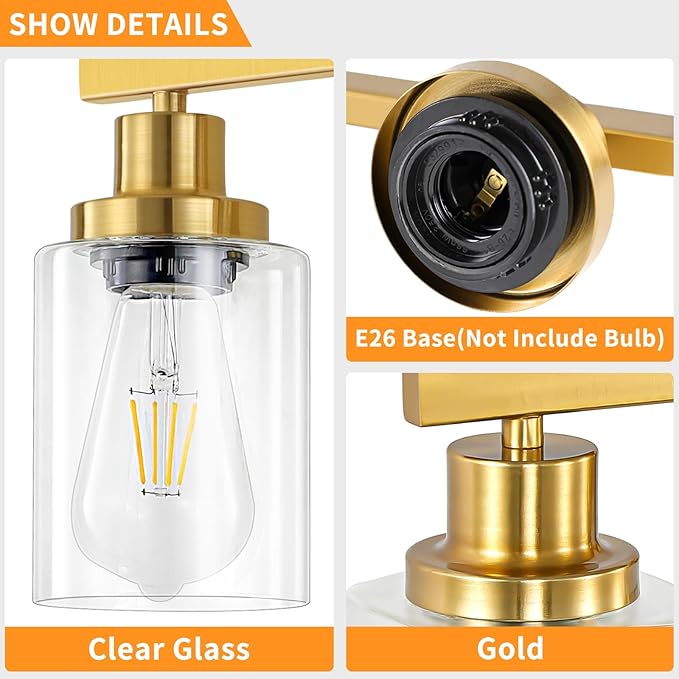 DIKAIDA Bathroom Vanity Light, 4-Light Modern Matte Gold Wall Sconce Lighting with Clear Glass Shade, Black Wall Lights,Bath Vintage Wall Mounted Lamps for Mirror Bedroom Living Room