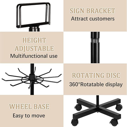 Exttlliy 5-Tier Metal Spinning Display Stand Rack with Wheels, Black Iron, 50 Hooks, Lockable Wheels, Ideal for Jewelry, Accessories, Foods