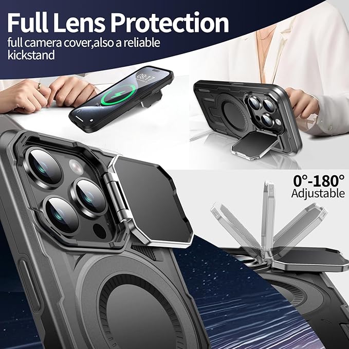 Camera Stand Case for iPhone 15 Pro Max, [Compatible with MagSafe] [Lens Cover] 2024 Version Military Grade Protective Soft Case for iPhone 15 Pro Max 6.7 inch Men Women, Black