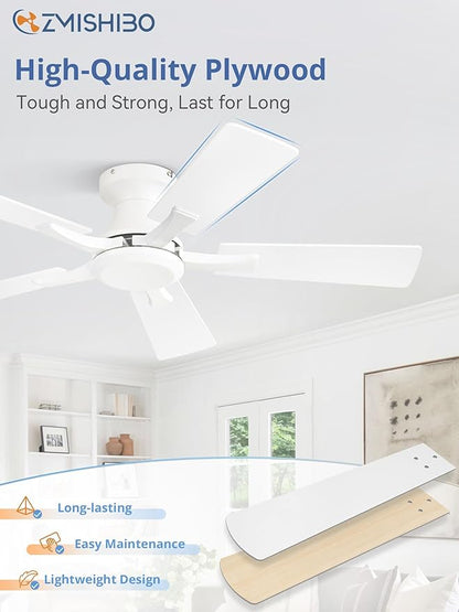 ZMISHIBO 42 Inch Ceiling Fan No Light, Flush Mount Low Profile, Modern White Ceiling Fan Without Light, Remote Control & Quiet DC Motor, for Indoor&Outdoor, Bedroom, Living Room