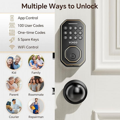 VCHOO Keyless Entry Door Lock Set WiFi Smart App Control Door Lock for Front Door Keypad Deadbolt with 2 Knobs Auto Lock One Time Codes Easy Install, Bronze