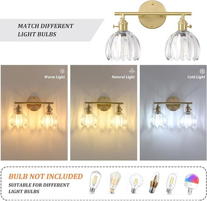 Shenmoyl Bathroom Light Fixtures, 2-Light Brass Vanity Wall Light Over Mirror with Clear Tulip Glass Shade for Bedroom Living Room (Bulb Not Included)