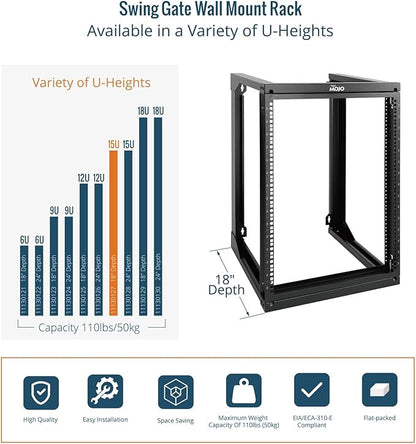 Tecmojo 15U Server Rack with Swing Gate, 15U Rack for 19inch Computer/AV/Data/IT/Media Equipment, Wall Mount Server Rack with 18inch Depth, Square&Tapped Holes