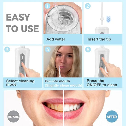 GOLDANT 350ML Water Dental Flosser Teeth Pick with Travel Bag, 5 Modes Portable Cordless Oral Irrigator Cleaner, Electric Rechargeable IPX7 Waterproof for Home Travel Teeth Cleaning flossing (White)
