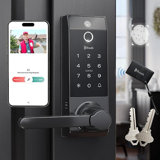Smart Lock Ring Doorbell Fingerprint Deadbolt for Homeowners or Parents Door Lock with Camera and Door Handle for Renters, Keyless Entry Door Lock for Front Door (Contour V Blacks+)