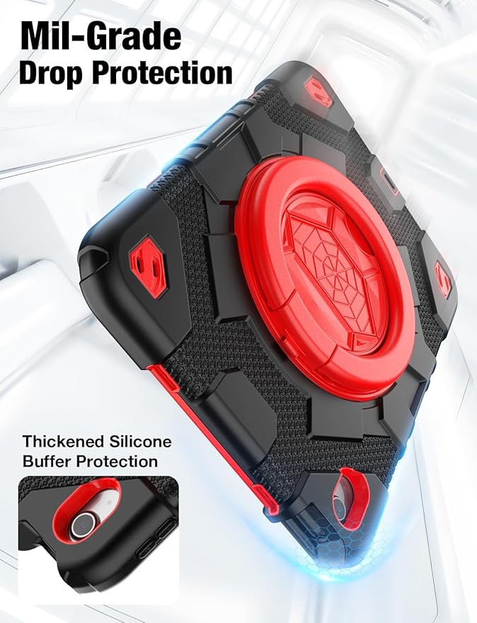 SCSVPN for iPad (A16) 11th/10th Generation Case 11 inch 2025/10.9 inch 2022, Rugged Shockproof Protective Silicone Case for Kids with Pencil Holder, Rotate Stand & Handle, Shoulder Strap - Black/Red