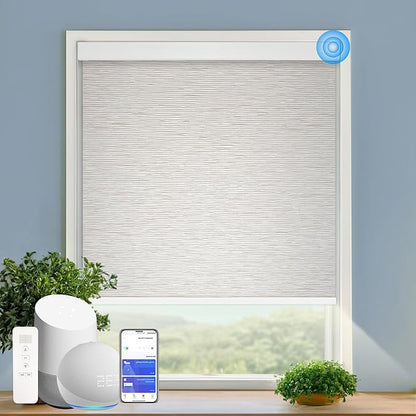 COOLWINDS Motorized Blinds with Remote Cordless Automatic Motorized Shades Custom Blinds for Windows Smart Curtains Compatible with Alexa Google Home(Light Filtering Jacquard Beige,W63 x H72in)