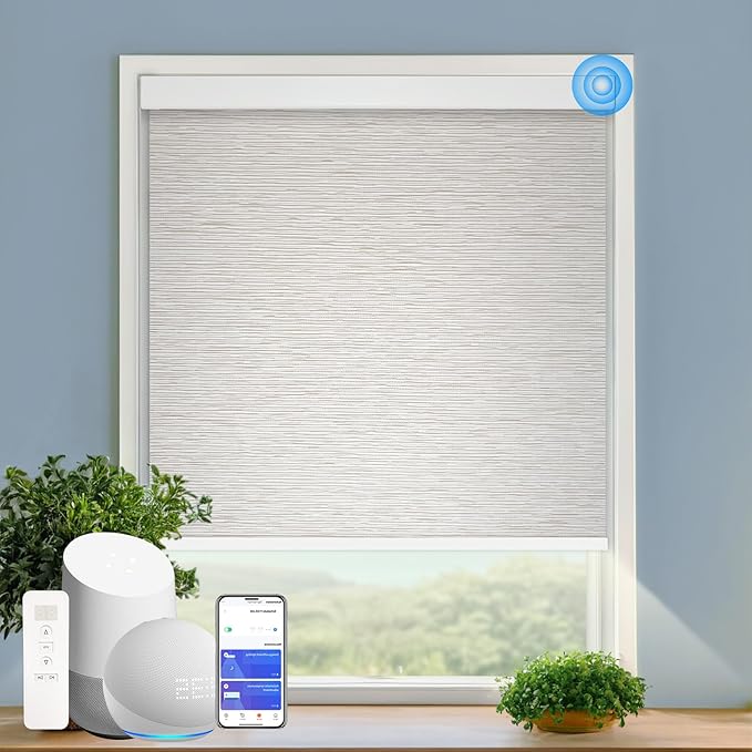 COOLWINDS Motorized Blinds with Remote Cordless Automatic Motorized Shades Custom Blinds for Windows Smart Curtains Compatible with Alexa Google Home(Light Filtering Jacquard Beige,W35 x H72in)