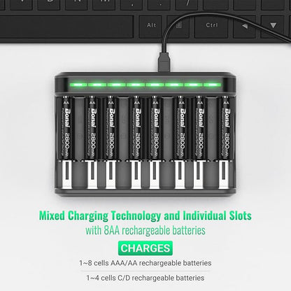 BONAI AA Rechargeable Batteries 2800mAh 8pack with Smart Charger for AA AAA C D NiMH Battery