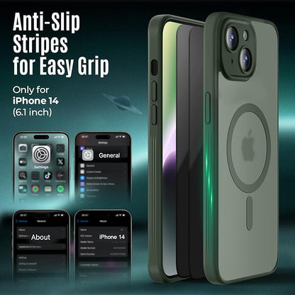 Designed for iPhone 14 Case, Compatible with MagSafe, with Privacy Screen Protectors X2, [Camera Protection] [15FT Military Drop Protection] Shockproof Phone Case, 6.1", Alpine Green