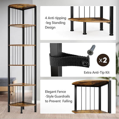 MonaSixy 6 Tier Corner Shelf with Light, Music Synic 60000 DIY LED Color Smart Remote Tall Display Shelves Corner Shelf Stand Bookshelf Wood Rack Metal Frame for Living Game Room Bedroom, Rustic Brown