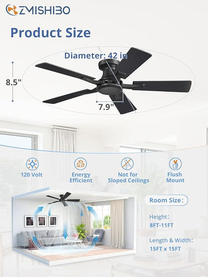 ZMISHIBO 42 Inch Ceiling Fan No Light, Flush Mount Low Profile, Modern Black Ceiling Fan Without Light, Remote Control & Quiet DC Motor, for Indoor&Outdoor, Bedroom, Living Room