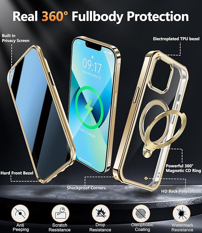 [360° Rotatable CD Stand & Built-in Privacy Screen Magnetic Case for iPhone 13 [Compatible with MagSafe & Full Signal] Mil-Grade Shockproof Full Body Anti-Spy Cover for 13-Gold