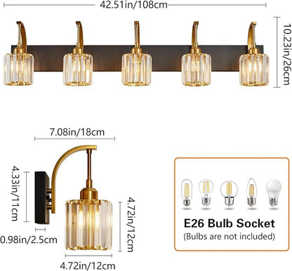 FDPBY 5-Light Crystal Vanity Light, Modern Black Gold Bathroom Wall Sconce with K9 Crystal Shades, 42.51" Long Over Mirror Lighting for Vanity, Makeup, Hallway, Elegant & Easy Installation