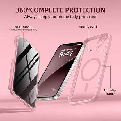BERFY Magnetic for iPhone 14 Case, Compatible with MagSafe, Built-in Privacy Screen Protector and Upgraded Camera Protection, Anti-Spy Full Body Shockproof Phone Case for 14 6.1", Pink
