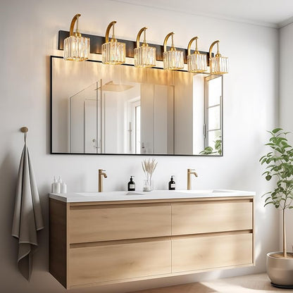 FDPBY Crystal Vanity Lights 6-Light Black Gold Bathroom Vanity Lights Modern Crystal Bathroom Light Fixtures Over Mirror 51.18" Long Vanity Light for Bathroom