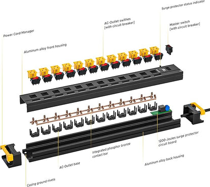CRST 12 Outlet Heavy Duty Metal Power Strip with Individual Switches, 9FT Surge Protector Power Strip with Cord Managment, 15A/1875W 1020J Wide Spaced Outlets for Garage, Workshop, Home, School
