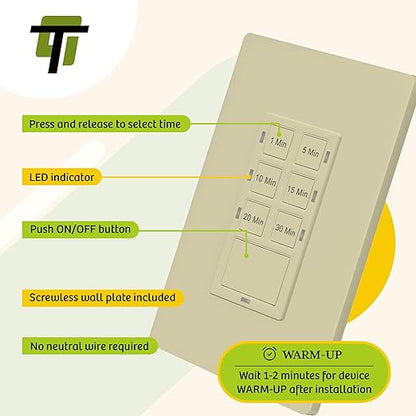 TG 30-Minute Countdown Timer Switch, 1-5-10-15-20-30 Min, for Bathroom Fans, Heaters, Lights, LED Indicator, 120VAC 800W, No Neutral Wire Required, UL Listed, Screwless Wall Plate, Ivory