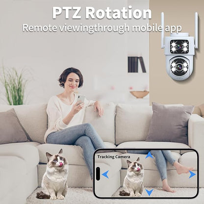 DZCCTVIPC Dual-Lens 2K Smart Indoor/Outdoor Security Camera, 5GHz Wi-Fi, 360° AI Motion Tracking,Color Night Vision,IP65 Weatherproof, 2-Way Audio,24/7 Recording,Works with Alexa & Google (No SD Card)