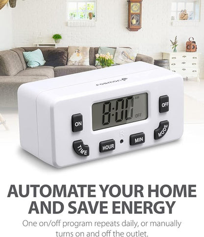 Fosmon Digital Timer for Electrical Outlets, Indoor 24 Hour Light Timer Programmable, Mini Plug in Outlet for Lamps, Fans, Grow Lights, 2 On/Off Programs, 15A/1875W, ETL Listed