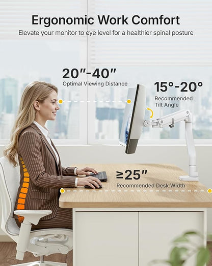 monTEK Heavy-Duty Monitor Arm for 17-57" Ultrawide Curved Screen, Supports up to 59.4 lbs, Adjustable Gas Spring Arm, 75/100 VESA Mount, Clamp & Grommet Desk Monitor Mount Single, White
