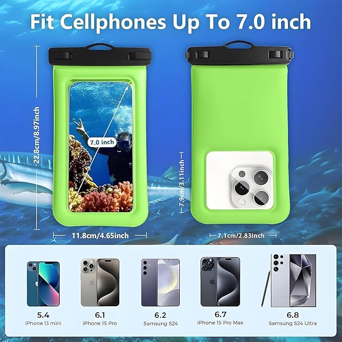 Floatable Soap Bubble Waterproof Phone Pouch/Case with Crossbody Lanyard for iPhone 16 Pro Max/15 Pro/14/13/12, IP68 Cellphone Dry Bag Beach Cruise Ship Essentials, 1 Pack-Light Green-7″