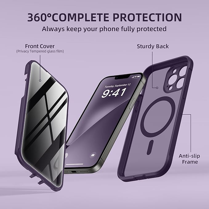 BERFY Magnetic for iPhone 13 Pro Max Case,Compatible with MagSafe,Built-in Privacy Screen Protector and Upgraded Camera Protection,Anti-Spy Full Body Shockproof Phone Case for 13 Pro Max 6.7",Purple
