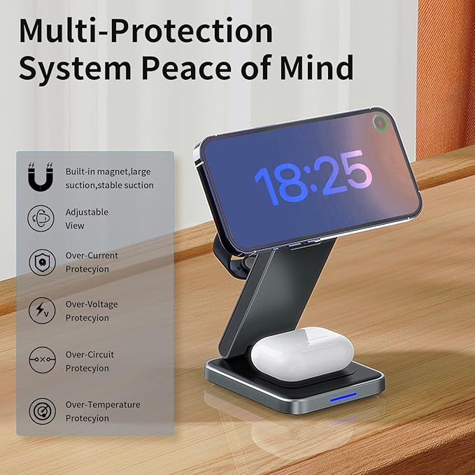 3 in 1 Magnetic Wireless Charger Station for iPhone 16/15/14/13/12 Series Mag-Safe Charging Station for Apple Watch Series 10-2/Ultra2/1/SE Foldable Wireless Charger for AirPods 4 3 2 1 Pro