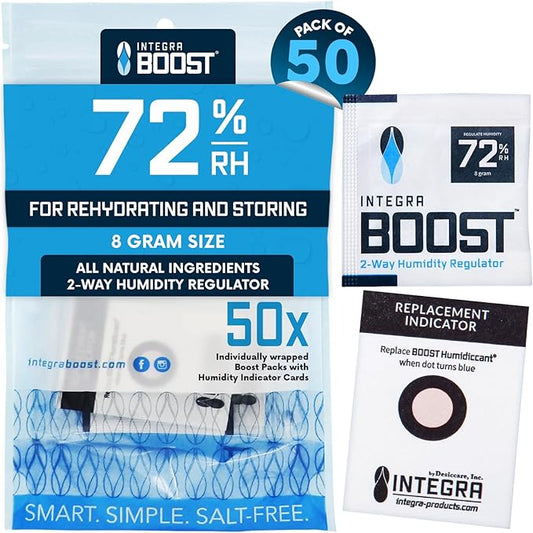 Integra Boost 2-Way Humidity Control Pack - Preserve Flavor & Control Humidity at 72% RH - Moisture Absorber for Herbs, Spices & More - 8 Gram (Pack of 50)
