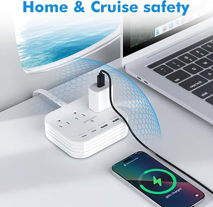 TRAVEL DEPOT Cruise Essentials Flat Plug Power Strip, Durable 5 ft Extension Cord w/ 3 Outlets Extender & Built-In Type C Cable, 2 USB & 2 USB-C Ports, No Surge Protector for Cruise Travel, Dorm, Home