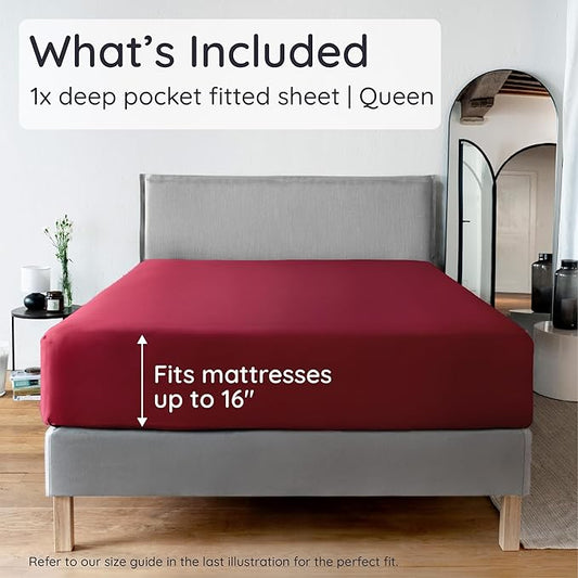Bambaw 100% Viscose Derived from Bamboo Fitted Sheet Queen Size, Cooling Fitted Sheet, Queen Mattress Fitted Sheet Only, Deep Pocket Fitted Sheet with Corner Straps (Burgundy)