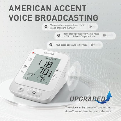 yuwell Blood Pressure Monitor, Large Upper Arm Blood Pressure Cuff, Digital Blood Pressure Machine for Home Use, Large Display, Stores 99 Readings, Voice Broadcasting with Power Adapter and Batteries