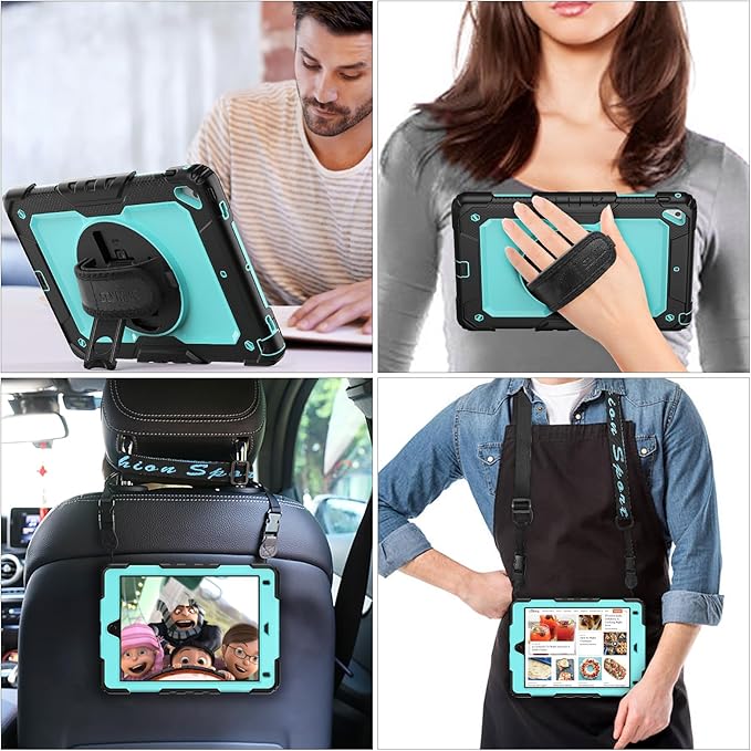 SEYMAC stock Case for iPad 6th / 5th Generation Case/Air 2 / Pro 9.7 inch, Heavy Duty Protective with Screen Protector, with Pencil Holder, Hand Strap, Shoulder Strap, 360 Rotate Stand, SkyBlue+Black