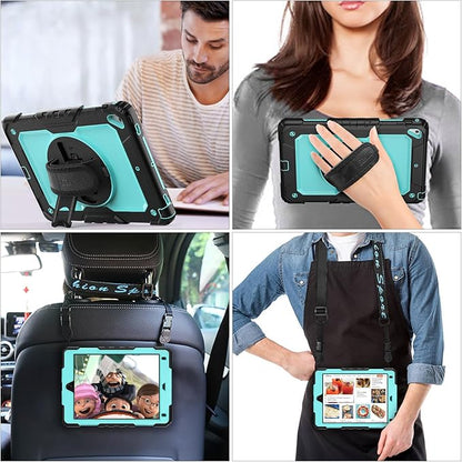 SEYMAC stock Case for iPad 6th / 5th Generation Case/Air 2 / Pro 9.7 inch, Heavy Duty Protective with Screen Protector, with Pencil Holder, Hand Strap, Shoulder Strap, 360 Rotate Stand, SkyBlue+Black