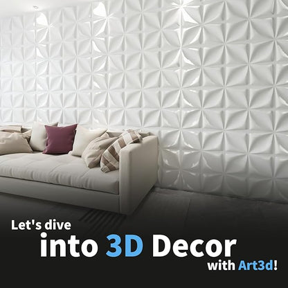 Art3d 19.7" x 19.7" (Pack Of 12) 3D Wall Panels Lucky Leaves PVC Wall Panel for Inter Decoration, Living Room, TV Background, Office, White