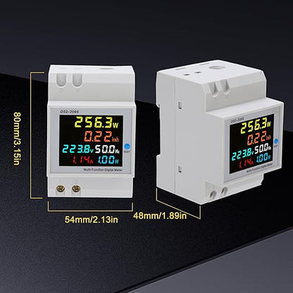 D52-2066 Single Phase Energy Meter with LCD Display Din Rail Electricity Usage Monitor for Voltage Current Power KWh Frequency Power Factor - 220V AC 40V-300V 100A Household & Industrial Use