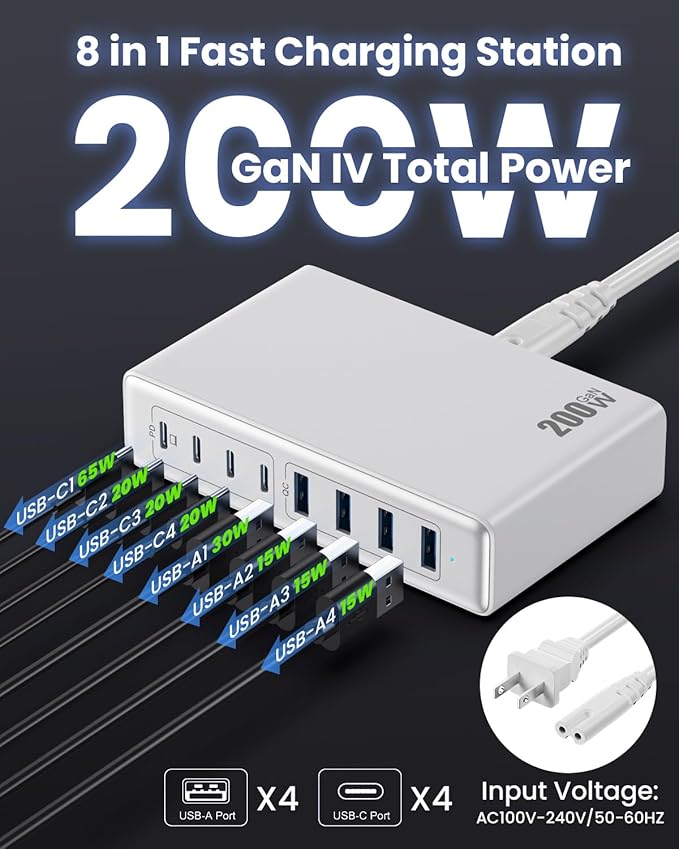 200W USB C Charger Block,GaN IV Charging Station 8 Ports,QC4.0 Fast Charging Station Hub+PD 65W USB C Laptop Charger Adapter Compatible with MacBook Air/Pro,DELL,iPhone 17/16/15,iPad,Steam Deck-White