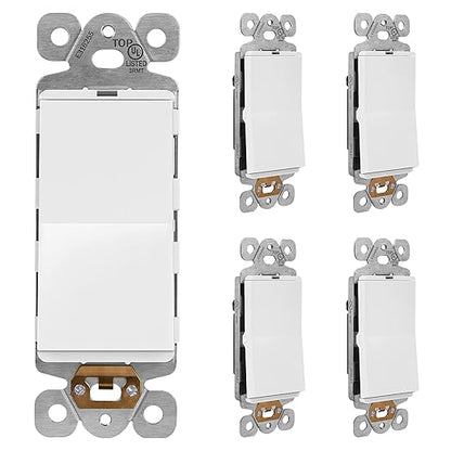 LIDER Minimalist Design Matte Finish Lighted Decorator Switch, Frameless Paddle Light Switch with Locator Light, Grounding Screw, 15A 125V, UL Listed, LS15-1P-W5P, White, 5 Pack