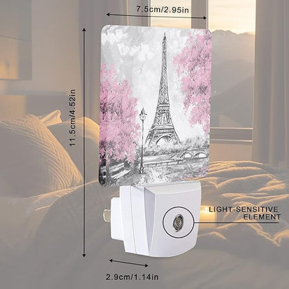 Smoaffly Eiffel Tower Paris Pink Flower Night Light Plug-in LED Nightlights Auto Sensor Night Lamp Dusk-to-Dawn Lamp Home Decor for Nursery Children Girls Boys